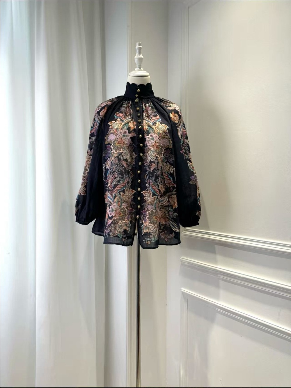 Zimmermann Black Floral Embroidered High-Neck Blouse with Gold Buttons